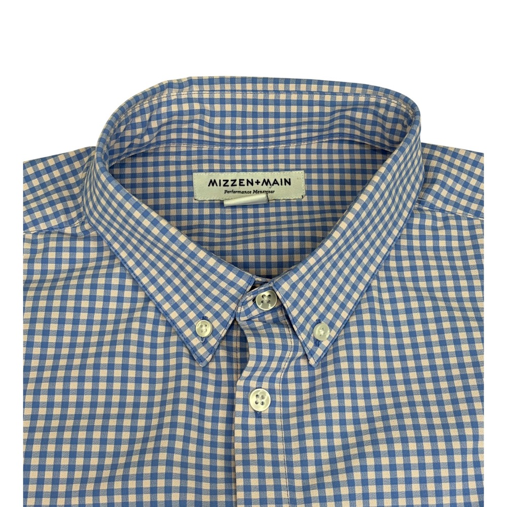 Mizzen + Main Mens Long Sleeve Button Down Dress Shirt Blue Pink Gingham XL Trim